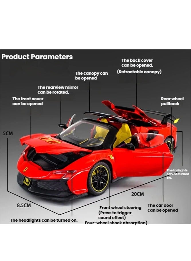 عام **نموذج سيارة رياضية Ferrari من السبائك - أبواب قابلة للفتح ومصابيح أمامية مضاءة، نسخة طبق الأصل عالية الدقة، حرفة فاخرة، سيارة لعبة قابلة للجمع** - Image 3